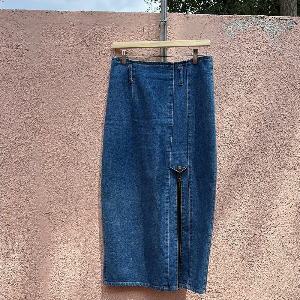 Denim Midi Skirt with Front Slit